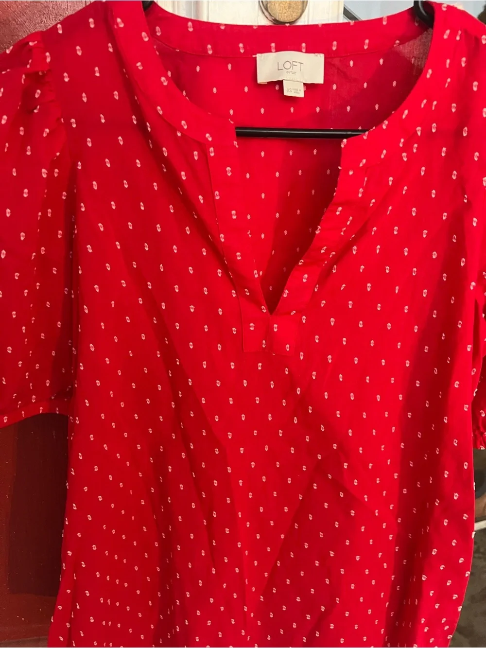 LOFT Outlet Polka Dot Red V-Neck Puff Sleeve Blouse